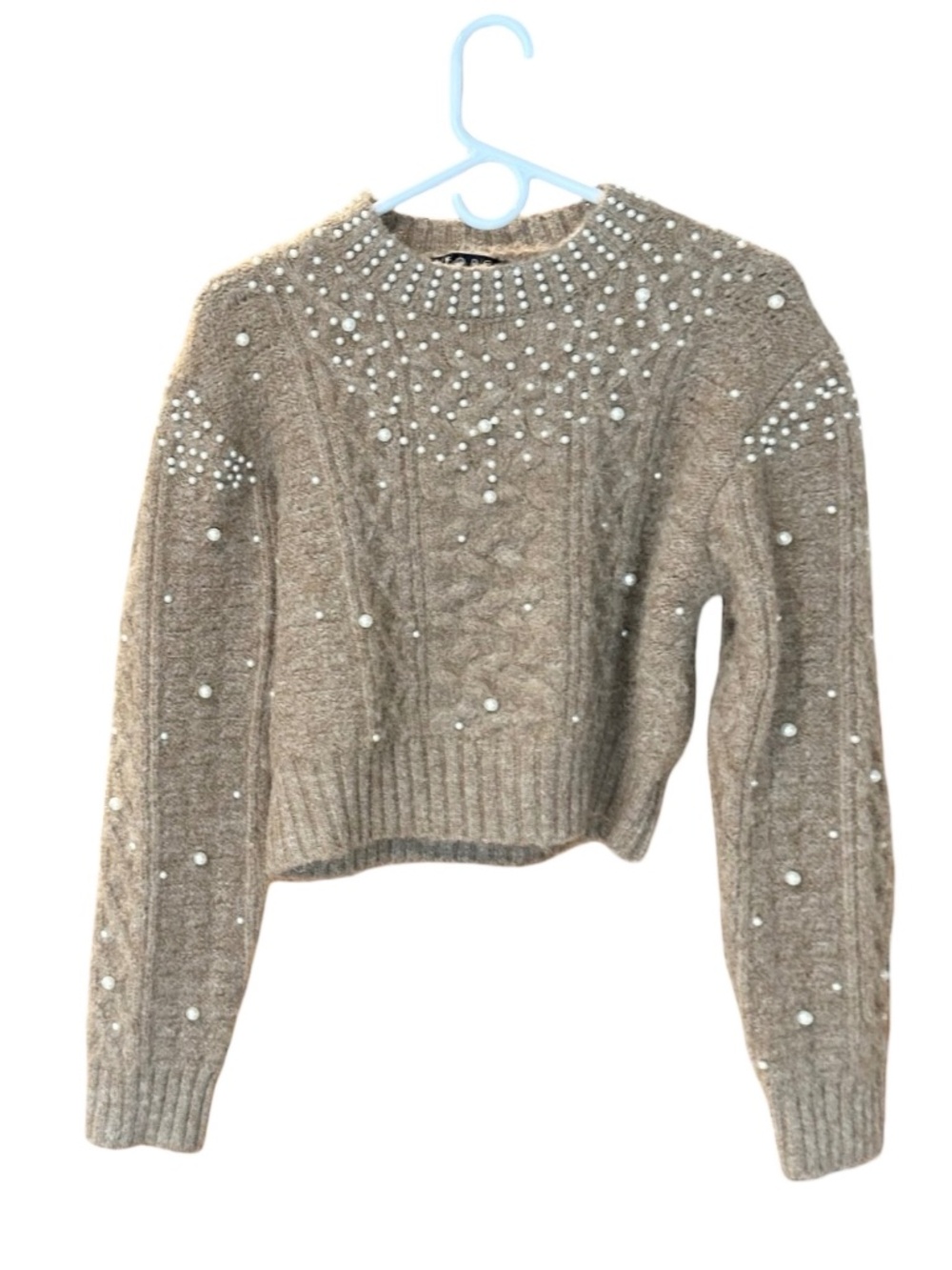 Fore Women's Long Sleeve Fuzzy Crop Wool Sweater Pearls Tan-Brown Med